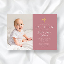 Modern Rosa Script Kor Girl Photo Baptism Inbjudningar