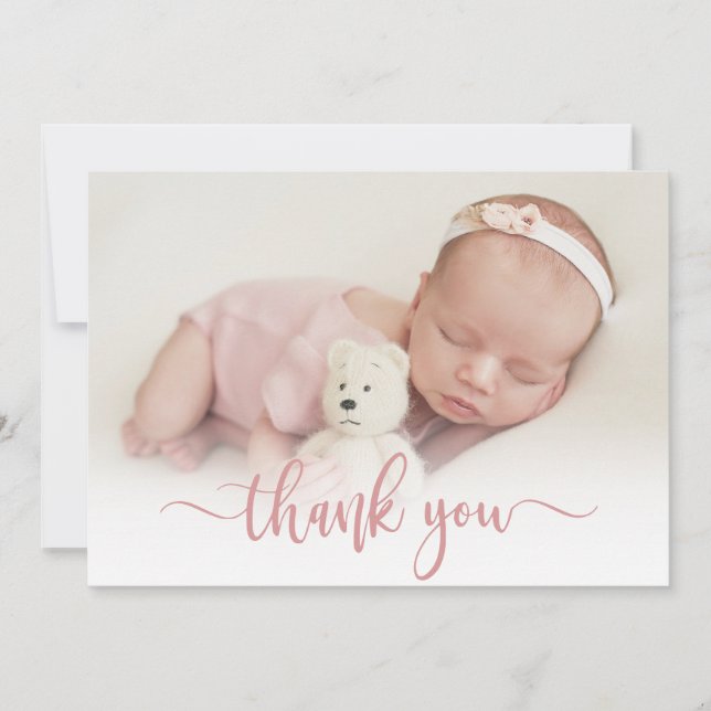 Modern Rosa Script Newborn Baby Photo Tack Kort (Framsida)