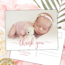 Modern Rosa Script Newborn Baby Photo Tack Vykort