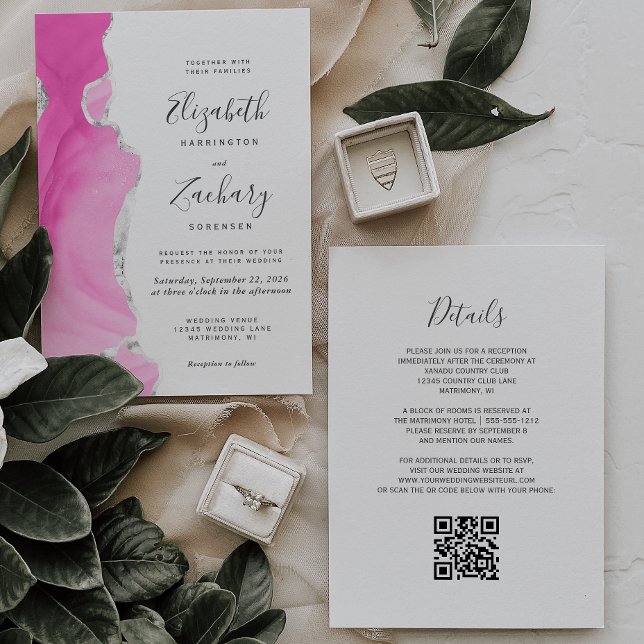 Modern Rosa Silver Agat QR-kod Bröllop Inbjudningar (Skapare uppladdad)
