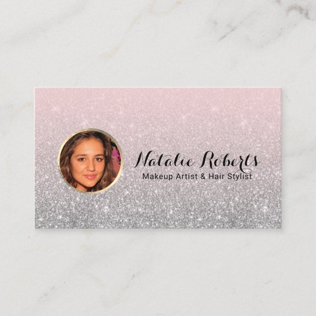 Modern  Rosa Silver Glitter Anpassningsbar Foto Visitkort (Framsida)