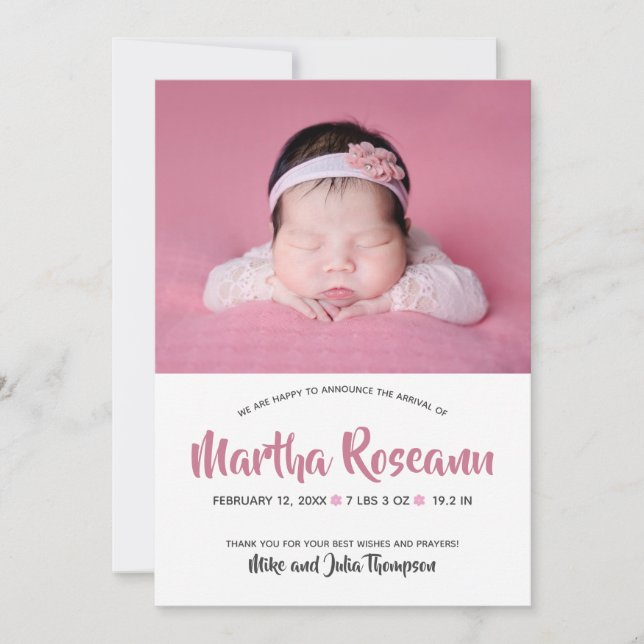 Modern Rosa Skrift Foto Nyfödd Babyflicka Födelse  Meddelande (Framsida)