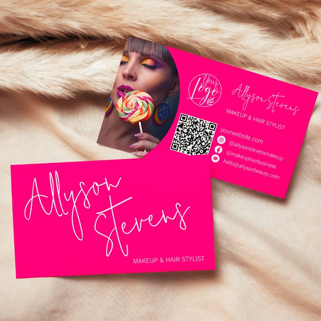 Modern rosa-skript i namn fet stil makeup-hår logo visitkort (Modern name bold pink script makeup hair logo qr business card)