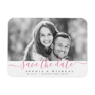 Modern rosa-skriptfoto spara datumet magnet