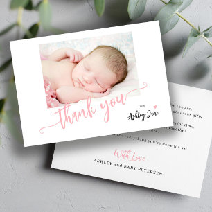 Modern rosa skrivstil foto tack baby shower kort
