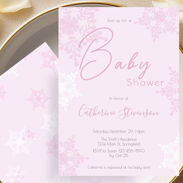 Modern Rosa Snöflinga Vinter Bebis Shower Inbjudningar (Skapare uppladdad)