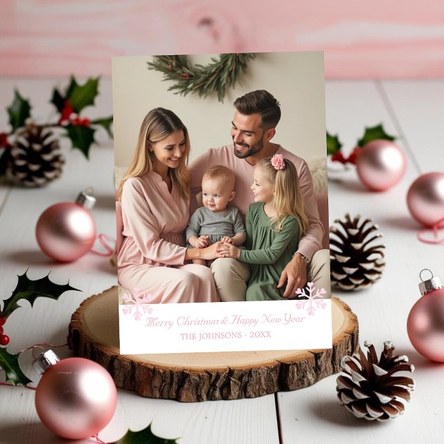 Modern Rosa Snöflingor - ett fotokort Helgdag Julkort (Modern Pink Snowflakes one photo Holiday Card)