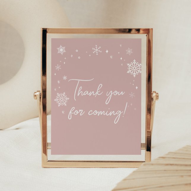 Modern Rosa Snöflingor Tack för att du kom Poster (Modern Pink Baby It's Cold Outside Baby Shower Thank you for Coming Sign)