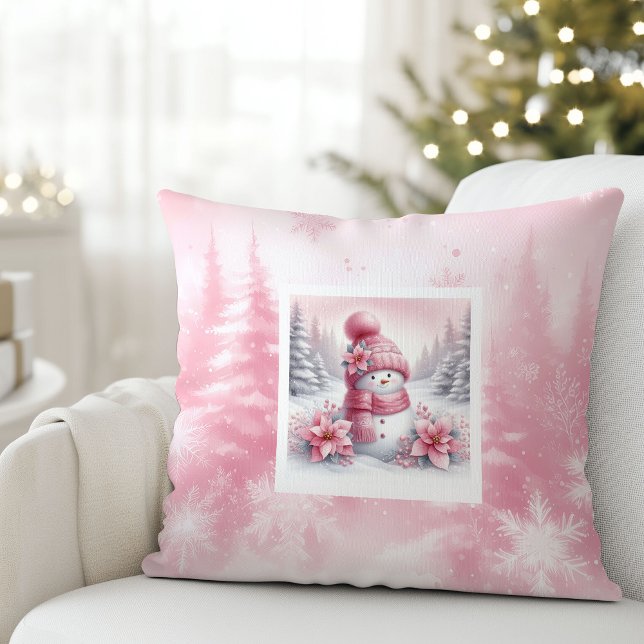 Modern Rosa Snöman Julscen Present Till Barn  Kudde (Modern Pink Snowman Christmas Scene Kids Gift Pillow

)