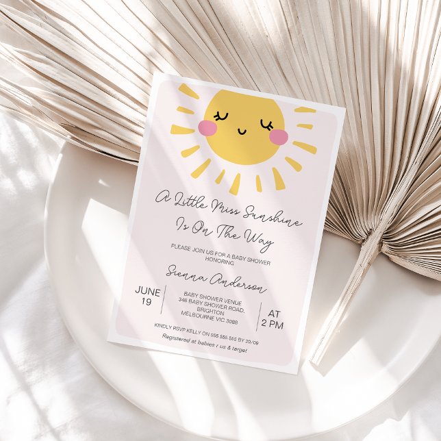Modern Rosa Sol Little Miss Sunshine Barnkalas Inbjudningar (Sunshine Baby Shower Invitation Template, A Little Sunshine is on the way Baby Shower Invitation )
