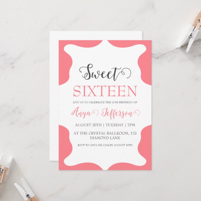 Modern  rosa, söt 16-årsinbjudningar inbjudningar (Fram/Back In Situ)