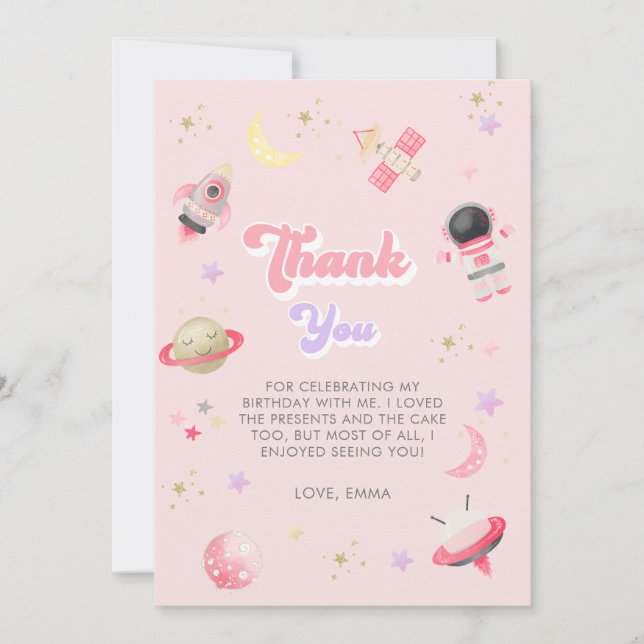 Modern Rosa Space Galaxy Girl Birthday Tack Kort (Framsida)