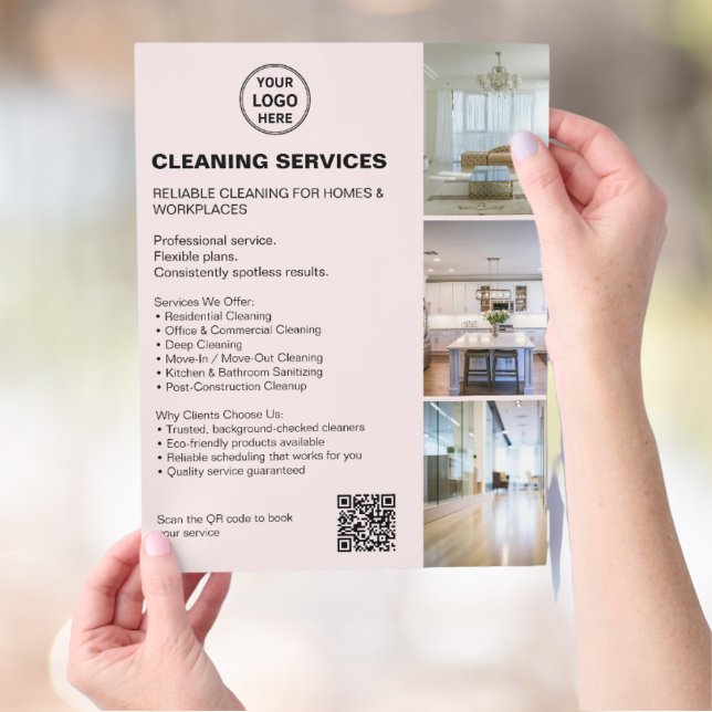 Modern Rosa Städtjänster Foto Logotyp QR Flygblad (Modern Pink Cleaning Services Photo Logo QR Flyer)