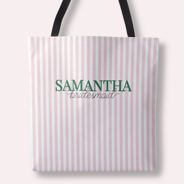 Modern Rosa Stripe Anpassningsbar Grönt Bridesmaid Tygkasse (Modern Pink Striped Custom Green Bridesmaid Name Tote Bag)