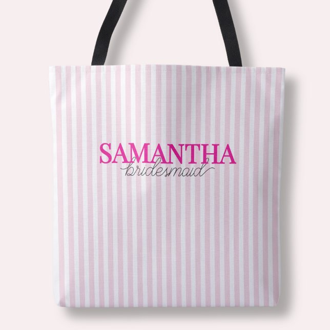 Modern Rosa Stripe-Personlig för skript, Bridesmai Tygkasse (Modern Pink Striped Script Personalized Bridesmaid Tote Bag)