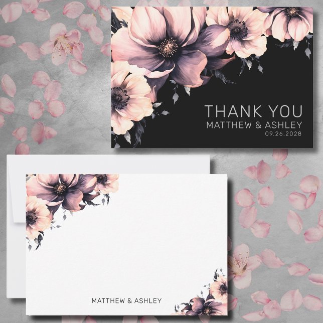 Modern Rosa Svart Blommig Bröllop Tack Kort (Elegant Modern Pink Black Floral Wedding Thank You Card)