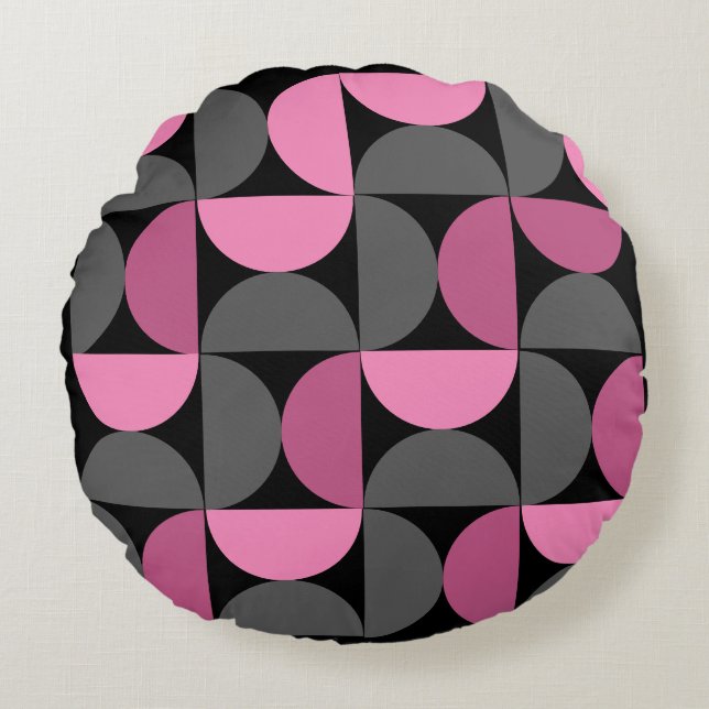 Modern rosa, svart och grått i mitten av århundrad rund kudde (Framsidan)