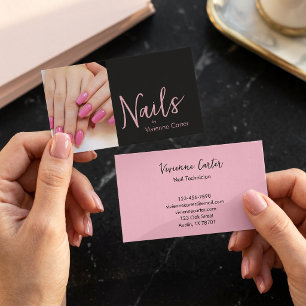 Modern Rosa Svart Skript Foto Nagelkonstnär Salong Visitkort