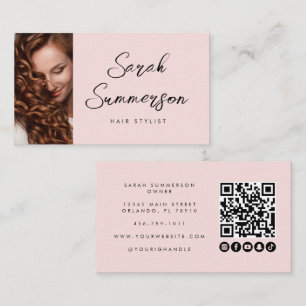 Modern Rosa Svart Skript QR-kod Frisör Visitkort