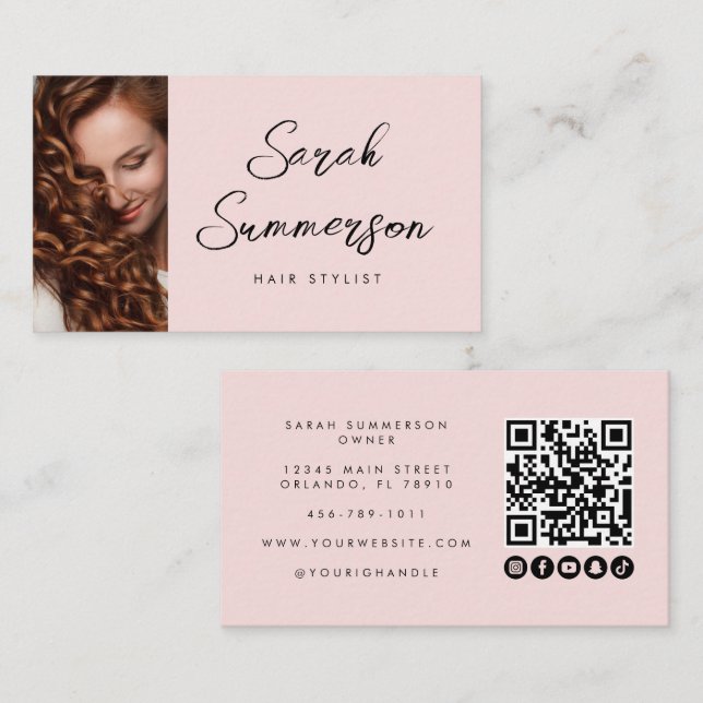 Modern Rosa Svart Skript QR-kod Frisör Visitkort (Fram/baksida)