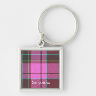Modern rosa tartan personlig fyrkantig silverfärgad nyckelring