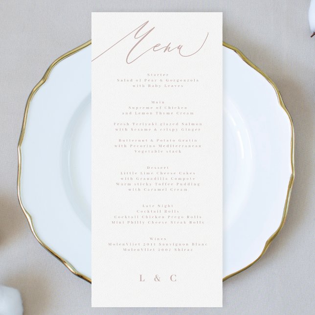 Modern Rosa Taupe Calligraphy Bröllop Meny (Skapare uppladdad)