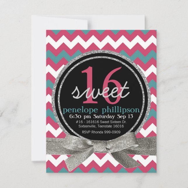 Modern Rosa Teal Chevron Girly Sweet 16 Inbjudningar (Framsida)