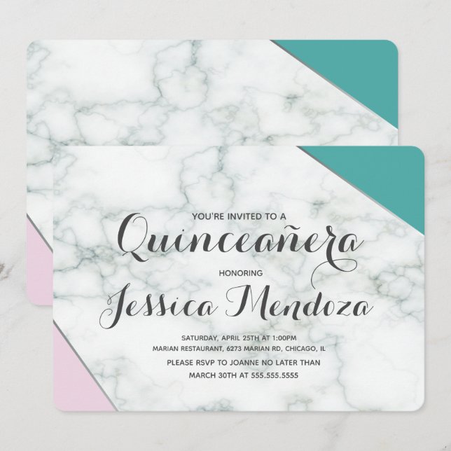 Modern Rosa Teal Marble Quinceañera Sweet 15 Inbjudningar (Fram/baksida)