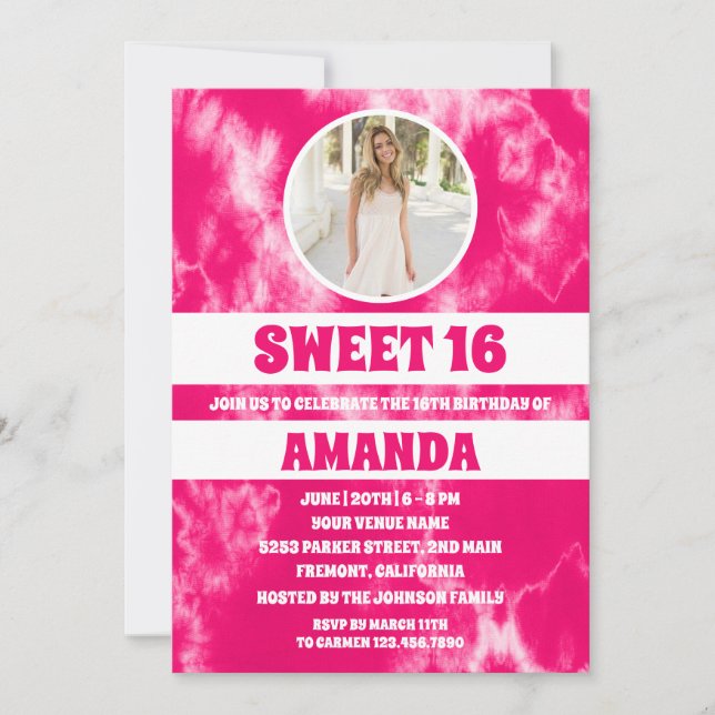 Modern rosa Tie Dye Photo Sweet 16 Inbjudningar (Framsida)