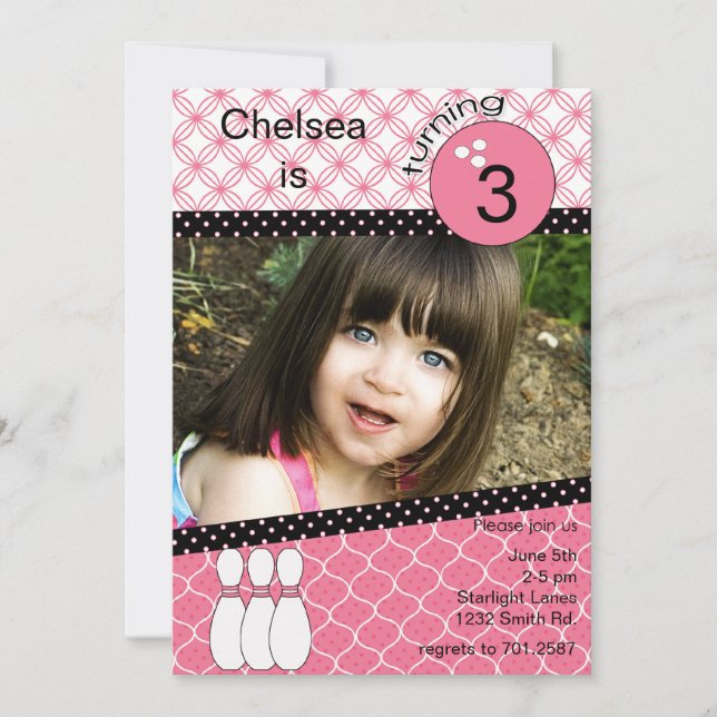 Modern rosa tjejer bowlar inbjudan med foto (Framsida)