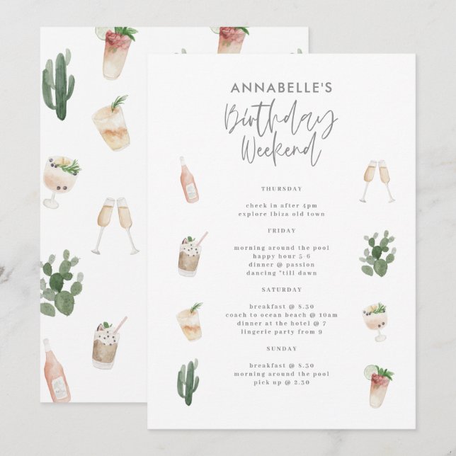 Modern rosa tjejig födelsedagshelg itinerar inbjudningar (Fram/baksida)