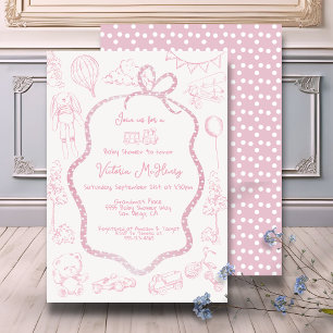 Modern Rosa Toile de Jouy Baby Shower Girl Inbjudningar