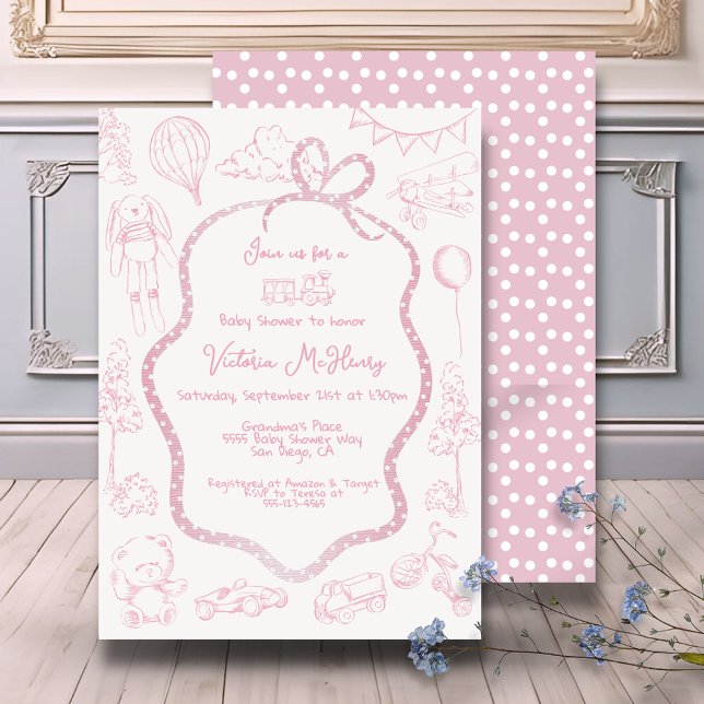 Modern Rosa Toile de Jouy Baby Shower Girl Inbjudningar (Skapare uppladdad)