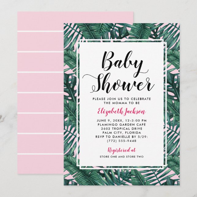 Modern Rosa Tropisk Palmblad Baby Shower Inbjudningar (Fram/baksida)