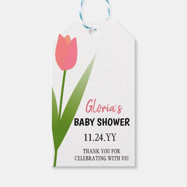 Modern Rosa Tulpan Vår Blommig Bebis Shower Presentetikett (Framsidan)