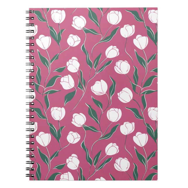 Modern rosa tulpan vit blommönster anteckningsbok (Framsidan)