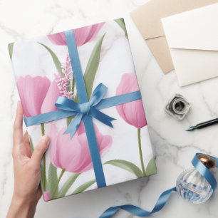Modern Rosa Tulpan Vit Blommönster Presentpapper