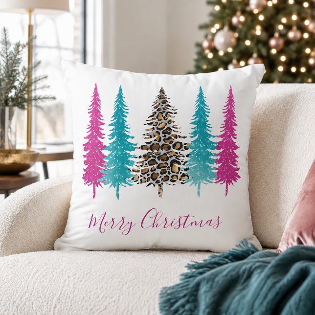 Modern Rosa Turcos Djurutskrift jul Kudde (Glam Pink Teal Christmas Throw Pillow)