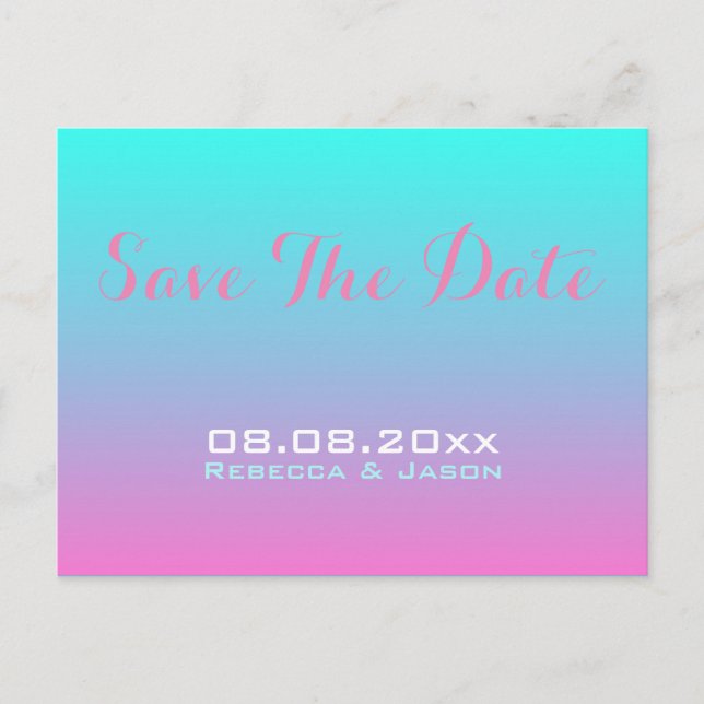 modern rosa turkos ombre bröllop save the date meddelande vykort (Framsida)