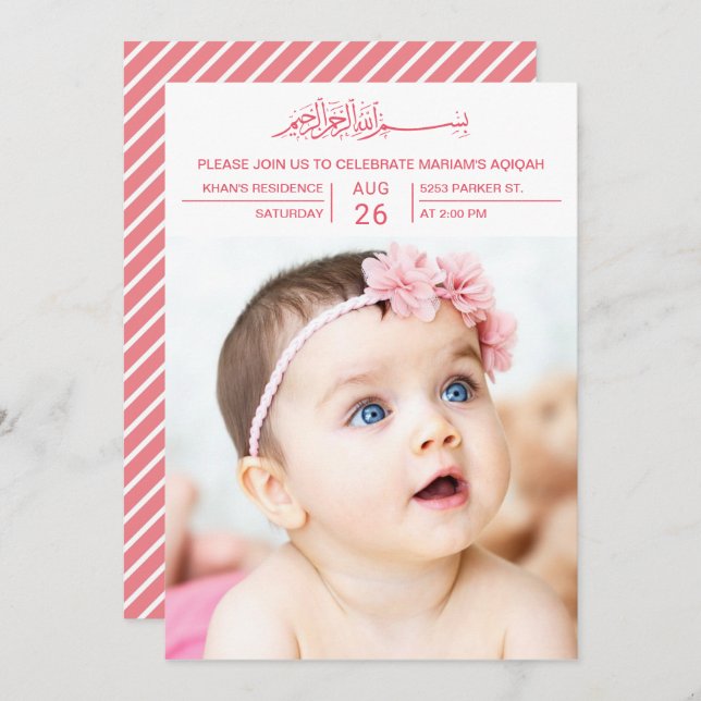 Modern Rosa Typography Flicka Photo Aqiqah Inbjudningar (Fram/baksida)