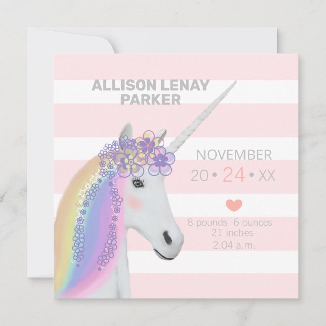 Modern  Rosa Unicorn Birth-annons Card (Framsida)