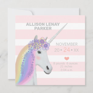 Modern Rosa Unicorn Birth-annons Card