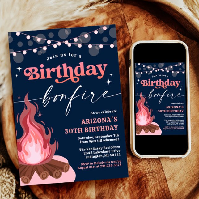 Modern Rosa + Uppmaning till hönsdagsplockning Inbjudningar (Modern Pink + Peach Birthday Bonfire Invitation)