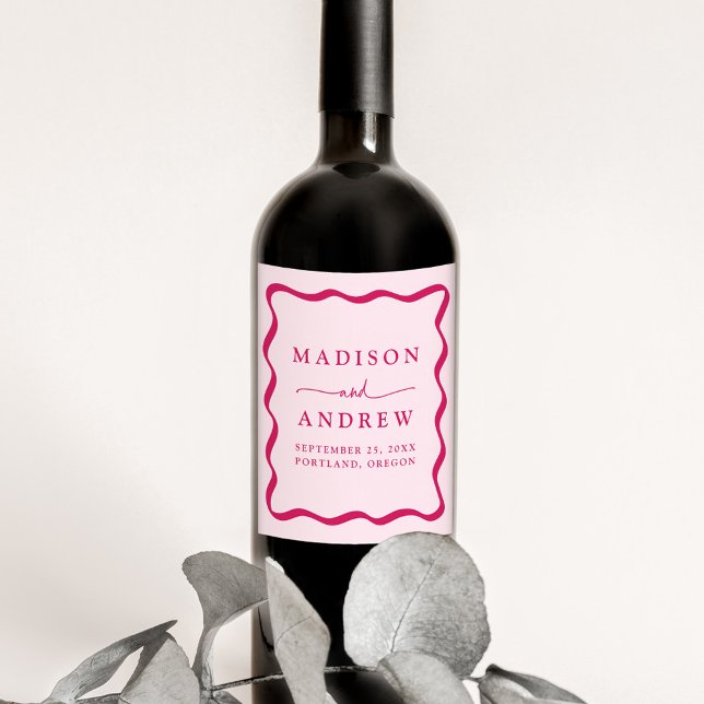Modern Rosa Vågig Ram Bröllop Vinflaska Etikett (Skapare uppladdad)
