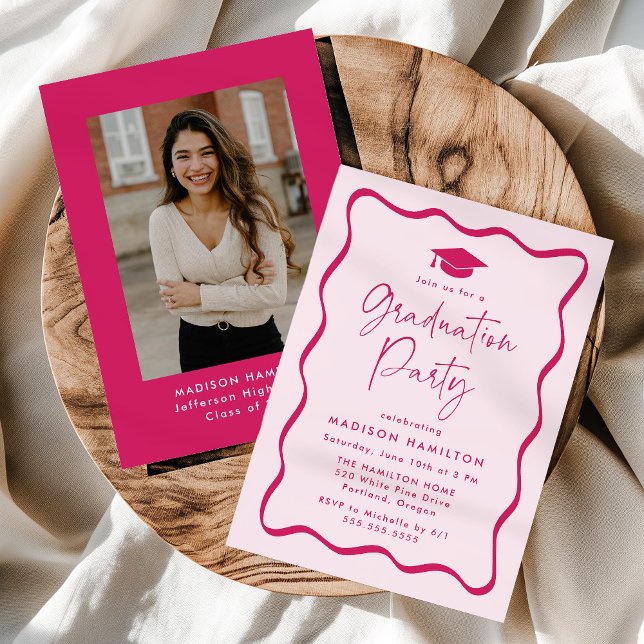 Modern Rosa Vågigt Ram Photo Studentfest Inbjudningar (Skapare uppladdad)