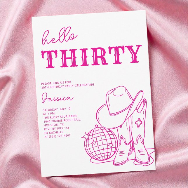 Modern Rosa Västerländsk Disco 30-årsfest Inbjudningar (Modern Pink Western Disco 30th Birthday Party Invitation)