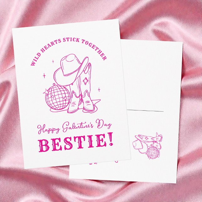 Modern Rosa Västerländsk Glad Galentine's Day Bäst Helg Vykort (Modern Pink Western Happy Galentine's Day Bestie Holiday Postcard)