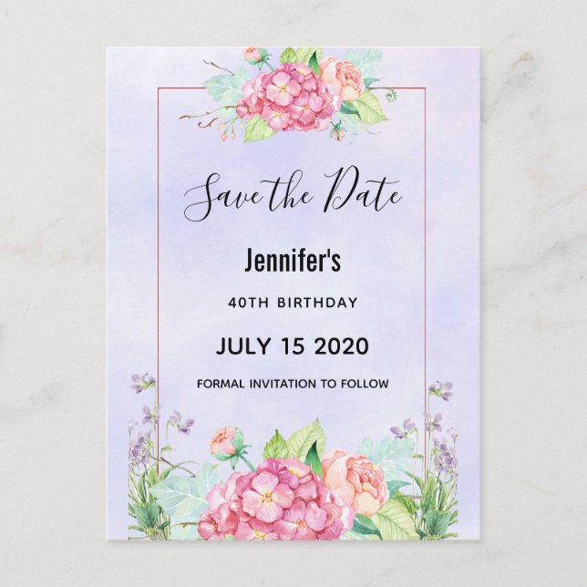 Modern Rosa Vattenfärg Blommig Knippe Spara Datum Inbjudan Vykort (Framsida)