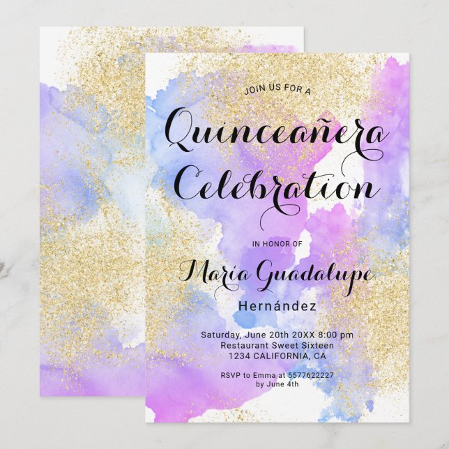 Modern rosa vattenfärg guld glitter Quinceanera Inbjudningar (Fram/baksida)