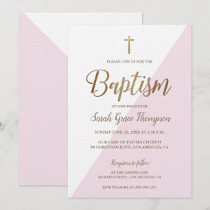 Modern Rosa vid Guld kor Flicka-baptism vid Vita Inbjudningar